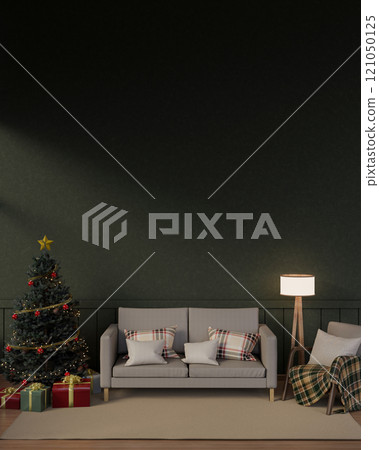 A warm, modern living room during the Christmas holiday, featuring a sofa in the center and decor. A warm, modern living room during the Christmas holiday, featuring a sofa in the center and decor. 121050125