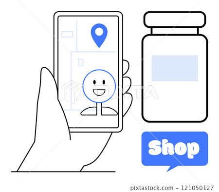 Hand holding smartphone with a map application, a face pin, and blue location marker. Adjacent is a medicine bottle icon and blue Shop label. Ideal for online shopping, pharmacy services, navigation 121050127