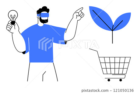 Person wearing VR headset holding a light bulb and pointing, with a green leaf and shopping cart nearby. Ideal for technology, innovation, sustainability, ecology, and shopping. Modern minimalist 121050136