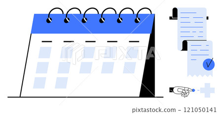 Calendar with spiral binding alongside a rolled paper checklist. A checkmark beside the paper and a hand pointing at a plus sign. Ideal for planning, scheduling, to-do lists, organization Calendar with spiral binding alongside a rolled paper checklist. A checkmark beside the paper and a hand pointing at a plus sign. Ideal for planning, scheduling, to-do lists, organization 121050141