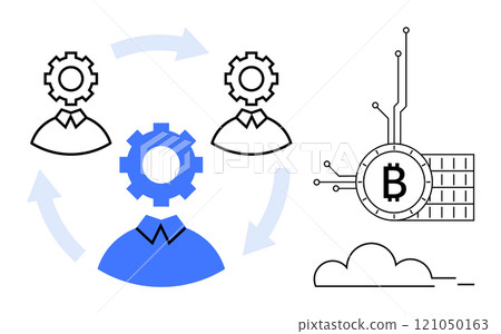 Three figures connected by arrows, one with gears, represent collaboration, while a Bitcoin symbol with digital lines emphasizes blockchain technology. Ideal for teamwork, innovation, cryptocurrency Three figures connected by arrows, one with gears, represent collaboration, while a Bitcoin symbol with digital lines emphasizes blockchain technology. Ideal for teamwork, innovation, cryptocurrency 121050163