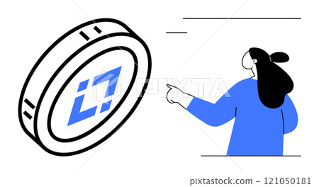 A person in blue pointing at a digital currency coin symbol. Ideal for cryptocurrency, blockchain technology, digital finance, fintech innovations, financial literacy content. Simple modern vector 121050181