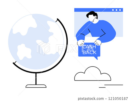 Globe next to person holding cashback sign on a browser window. Ideal for finance, e-commerce, global trade, digital transactions, and online shopping. Minimalist, flat style vector Globe next to person holding cashback sign on a browser window. Ideal for finance, e-commerce, global trade, digital transactions, and online shopping. Minimalist, flat style vector 121050187