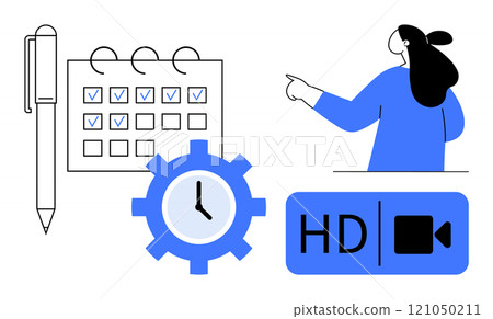 A person pointing, calendar with checkmarks, pen, clock gear, and HD video symbol in blue and black colors. Ideal for scheduling, productivity, online meetings, time management, organizational 121050211