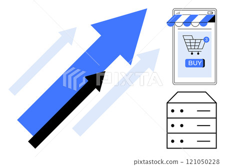 Arrows pointing upwards, a mobile screen with a shopping cart, and a server icon. Ideal for business growth, e-commerce, technology, data management, and digital marketing. Simple modern style Arrows pointing upwards, a mobile screen with a shopping cart, and a server icon. Ideal for business growth, e-commerce, technology, data management, and digital marketing. Simple modern style 121050228