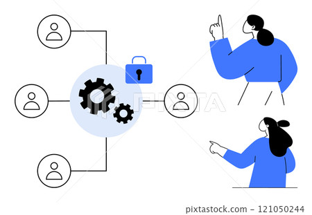 Two people pointing and user icons connected to gears and a lock. Ideal for teamwork collaboration data security IT management project planning and user interaction Two people pointing and user icons connected to gears and a lock. Ideal for teamwork collaboration data security IT management project planning and user interaction 121050244