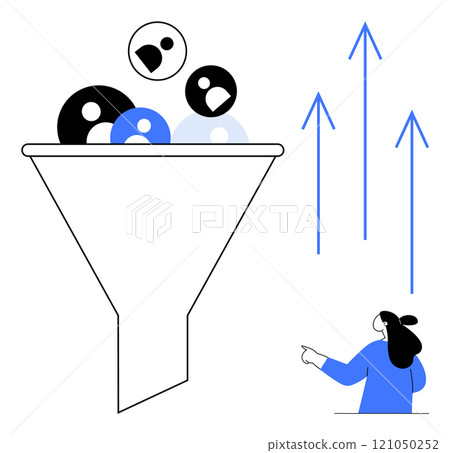Funnel with abstract people figures filtering through, observed by a person pointing at ascending arrows. Ideal for business, marketing, sales optimization, teamwork, and growth. Minimalist, modern 121050252
