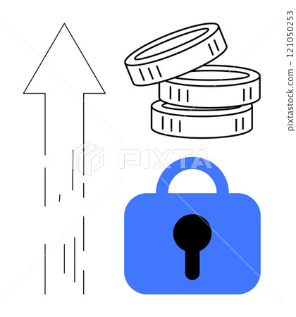 Black and white arrow pointing upwards, a stack of coins, and a blue lock symbolize growth, wealth, and security. Ideal for finance, investment, savings, security, and economic growth themes 121050253