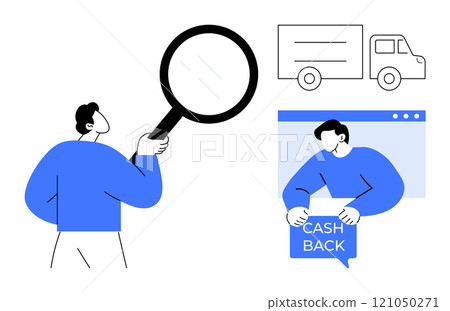 Man holding magnifying glass, delivery truck, and person with cashback offer banner. Ideal for online shopping, e-commerce, delivery tracking, transaction security, and customer incentives. Flat 121050271