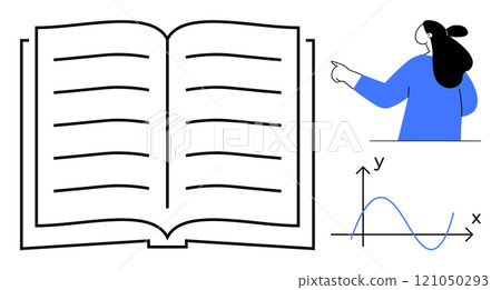 Open book with lines, a person pointing, and a graph with x and y axes. Ideal for education, learning material, teaching resources, mathematics, and academic presentations. Simple modern style 121050293