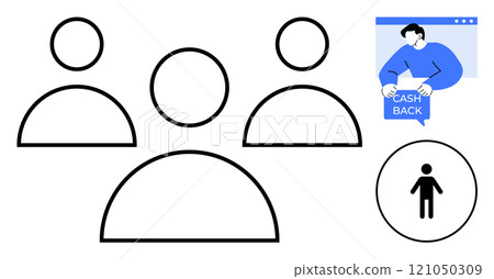 Three minimalist human icons represent a team. Nearby is a graphic of a person holding a cashback sign and an individual icon in a circle. Ideal for teamwork, cashback, online shopping, finance Three minimalist human icons represent a team. Nearby is a graphic of a person holding a cashback sign and an individual icon in a circle. Ideal for teamwork, cashback, online shopping, finance 121050309