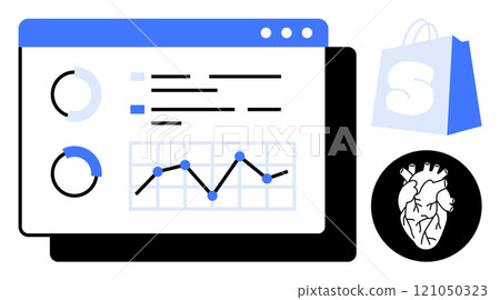 Data dashboard with bar charts and line graphs. Shopping bag and heart icons illustrated. Ideal for online sales, e-commerce analytics, health metrics, digital marketing, data tracking. Modern flat 121050323