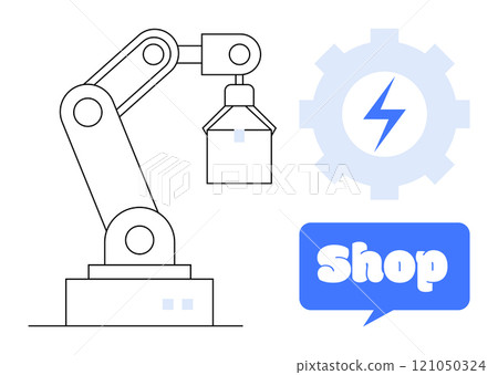 Simplified design of a robotic arm holding a box next to a gear with a lightning symbol and a blue shop speech bubble. Ideal for automation robotics technology online shopping industry 121050324