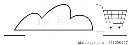 Simplified cloud shape next to a shopping cart in minimalist style. Ideal for themes like cloud computing, online shopping, e-commerce, digital retail, and data storage. Black and white design 121050327