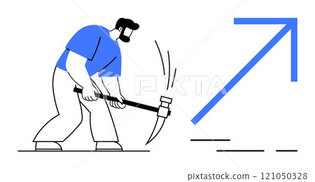 A man wearing a blue shirt uses a pickaxe, striking the ground. An upward arrow next to him symbolizes positive growth. Ideal for business, labor, productivity, progress, and determination A man wearing a blue shirt uses a pickaxe, striking the ground. An upward arrow next to him symbolizes positive growth. Ideal for business, labor, productivity, progress, and determination 121050328