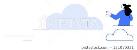 Woman pointing upwards towards a large cloud shape. Ideal for technology, cloud computing, data storage, digital transformation, and connectivity themes. Simple modern style vector design featuring Woman pointing upwards towards a large cloud shape. Ideal for technology, cloud computing, data storage, digital transformation, and connectivity themes. Simple modern style vector design featuring 121050331