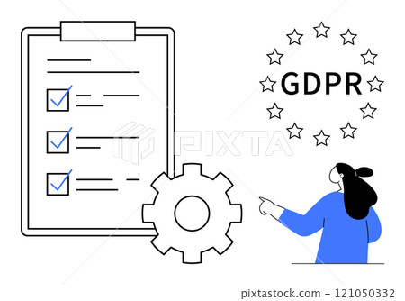 Showing a checklist, gear, and person pointing towards GDPR text encircled by stars. Ideal for data protection, GDPR compliance, privacy regulations, information security, and business policy. Simple Showing a checklist, gear, and person pointing towards GDPR text encircled by stars. Ideal for data protection, GDPR compliance, privacy regulations, information security, and business policy. Simple 121050332