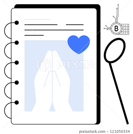 Digital notebook with praying hands, blue heart, and bitcoin symbol beside a magnifying glass. Ideal for technology, finance, cryptocurrency, spirituality, and love themes. Simple, modern, minimalist 121050334