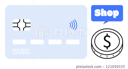Credit card with contactless payment symbol and coin near a shop icon. Ideal for digital payments, online shopping, e-commerce, financial transactions, and contactless technology. Clean, minimalist 121050335