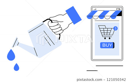 Hand watering a shopping cart on a mobile store, symbolizing nurturing online sales. Ideal for e-commerce, digital marketing, business growth, online shopping, customer engagement. Flat vector style Hand watering a shopping cart on a mobile store, symbolizing nurturing online sales. Ideal for e-commerce, digital marketing, business growth, online shopping, customer engagement. Flat vector style 121050342