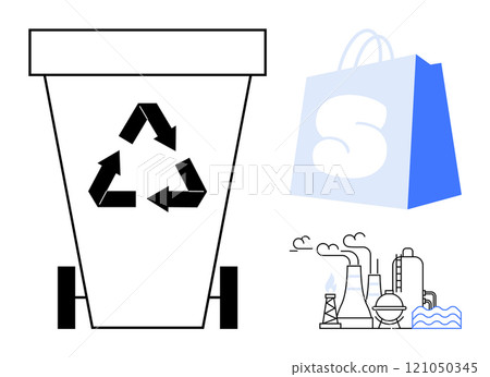 Recycle bin with arrows, shopping bag, and industrial factory. Ideal for environment protection, waste management, sustainability awareness, pollution control, recycling education. Simple, clean 121050345
