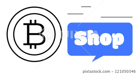 Bitcoin symbol next to message bubble with word Shop in blue. Ideal for cryptocurrency retail e-commerce online stores digital currency payment methods innovation technology. Minimalistic modern 121050346