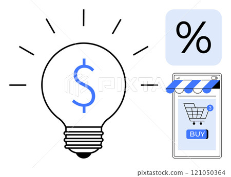 Lightbulb with dollar symbol, percentage sign box, and smartphone with shopping cart and buy button. Ideal for business ideas, e-commerce, online savings, digital marketing, financial growth. Modern 121050364