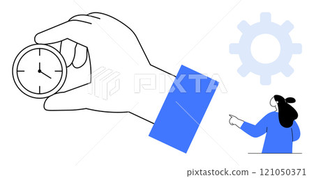 Hand holding a small clock right side with a person in blue outfit pointing at a, gear First Ideal for themes productivity time management efficiency planning organization Minimalist vector style 121050371