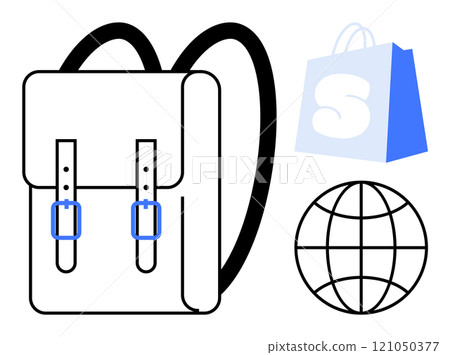 Black and white backpack with blue buckles a blue shopping bag and a globe symbol. Ideal for travel shopping online commerce adventure and global connectivity themes. Minimalist modern vector style 121050377