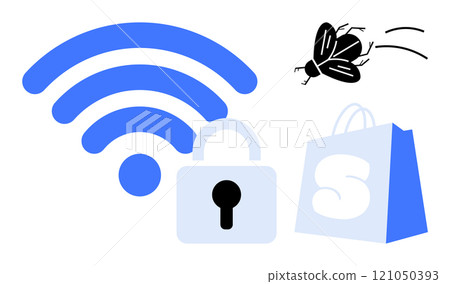wireless symbol, padlock, bug, and shopping bag. Ideal for cybersecurity, online shopping, e-commerce, safe browsing, and technology. Clean, modern, minimalist style 121050393