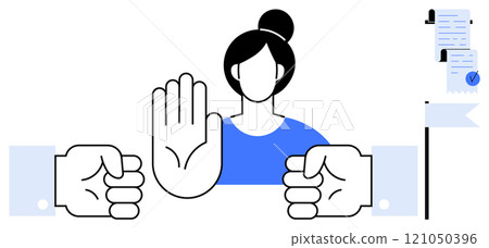 Central figure of a woman raising hand for stop signal with fists on either side juxtaposed with contractual documents Ideal for conflict resolution, mediation, agreement, negotiation, and legal Central figure of a woman raising hand for stop signal with fists on either side juxtaposed with contractual documents Ideal for conflict resolution, mediation, agreement, negotiation, and legal 121050396
