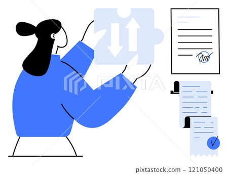 Person holding a puzzle piece with arrows, representing collaboration. Documents with signature and checkmarks highlight agreements. Ideal for teamwork, business deals, contracts, partnerships 121050400