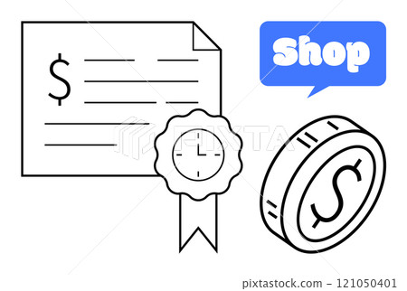 Simplistic design with a dollar certificate, coin, clock badge, and blue shop speech bubble. Ideal for finance, certifications, online shopping, money management, and e-commerce Simplistic design with a dollar certificate, coin, clock badge, and blue shop speech bubble. Ideal for finance, certifications, online shopping, money management, and e-commerce 121050401
