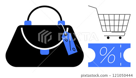Black handbag with blue discount tag, shopping cart, and coupon with percentage sign. Ideal for retail, sales, marketing, online shopping, and promotions. Simple clean vector art style 121050444