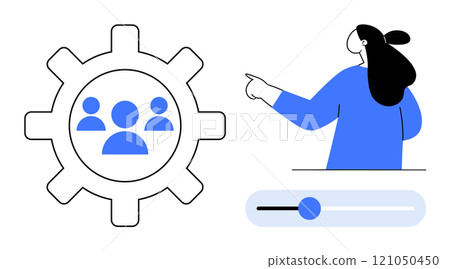 An abstract depiction of a woman pointing towards a gear with team icons, alongside a slider. Ideal for teamwork, project management, workflow optimization, productivity, and digital collaboration 121050450