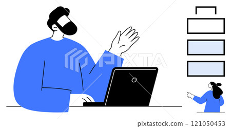 A person with a laptop is gesturing, while another person points to a flowchart. Ideal for communication, online meetings, project planning, presentations, and teamwork. Color palette is blue, black 121050453
