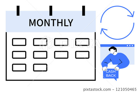 A calendar labeled Monthly, a recurring cycle symbol, and a person receiving cash back. Ideal for financial management, budgeting, savings, loyalty programs, and rewards systems. Flat design style 121050465