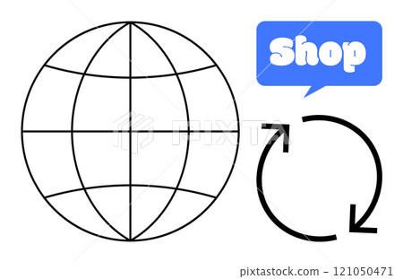 Globe with grid lines, recycling arrows in a circular motion, and blue shop label. Ideal for themes of global commerce, sustainability, eco-friendly practices, online business, and international Globe with grid lines, recycling arrows in a circular motion, and blue shop label. Ideal for themes of global commerce, sustainability, eco-friendly practices, online business, and international 121050471