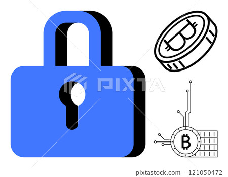 Blue padlock and two Bitcoin cryptocurrency symbols. Ideal for online security digital currency blockchain technology financial transactions and internet encryption. Modern minimalist style Blue padlock and two Bitcoin cryptocurrency symbols. Ideal for online security digital currency blockchain technology financial transactions and internet encryption. Modern minimalist style 121050472