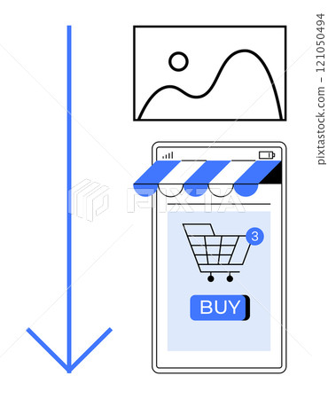 Shopping cart on a mobile screen with a buy button an image above and a downward arrow ideal for themes like online shopping e-commerce mobile apps digital marketing and user convenience. Modern flat Shopping cart on a mobile screen with a buy button an image above and a downward arrow ideal for themes like online shopping e-commerce mobile apps digital marketing and user convenience. Modern flat 121050494