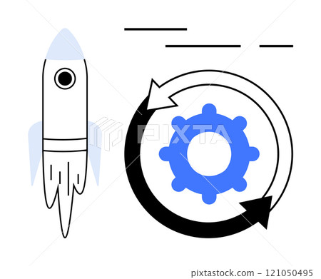 Rocket beside a rotating gear encircled by arrows, signifying innovation, automation, progress, and startup principles. Cartoon style. Ideal for technology, business planning, workflow, startups Rocket beside a rotating gear encircled by arrows, signifying innovation, automation, progress, and startup principles. Cartoon style. Ideal for technology, business planning, workflow, startups 121050495