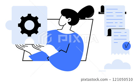 Person holding a puzzle piece with a gear emphasis alongside a checklist. Ideal for teamwork collaboration problem-solving organization and productivity visual tools. Minimalist modern style 121050510