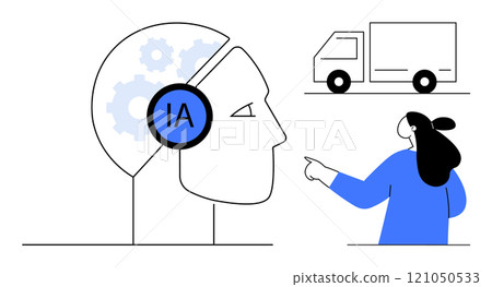 Human head with gears and IA symbol, truck, and person pointing. Ideal for technology, AI in logistics, automation, transportation planning and smart logistics. Minimalist style Human head with gears and IA symbol, truck, and person pointing. Ideal for technology, AI in logistics, automation, transportation planning and smart logistics. Minimalist style 121050533