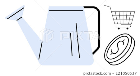 Watering can symbol with a shopping cart and coin representing investment, online shopping, and growth. Ideal for themes of financial growth, e-commerce, investment, shopping, and economic 121050537
