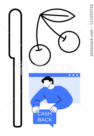 Simplistic line art of cherries and an online cashback offer. Ideal for digital marketing, e-commerce, promotions, financial savings, and customer rewards. Minimalist vector style Simplistic line art of cherries and an online cashback offer. Ideal for digital marketing, e-commerce, promotions, financial savings, and customer rewards. Minimalist vector style 121050538