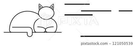 Clean line drawing of a cat lying down with visible ears and tail. Horizontal lines are positioned to the right. Ideal for minimalistic design, pet themes, relaxation, simplicity, and clean 121050539