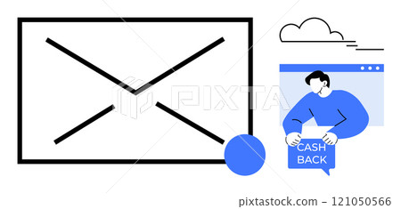 Large email envelope icon and a person holding a cashback sign. Ideal for email marketing, promotions, newsletters, sales, and customer engagement. Simple and modern style 121050566