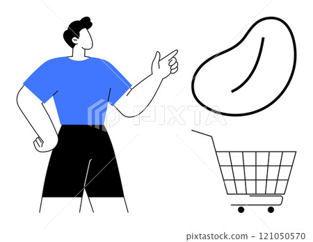 Person in blue shirt and black shorts pointing at a large bean shape with an empty shopping cart nearby. Ideal for shopping, grocery stores, food purchase, market ads, nutrition themes. Minimalist 121050570