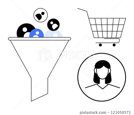 Visual representation of a marketing funnel with user icons. Includes a shopping cart and a profile of a person. Ideal for marketing, customer conversion, e-commerce, business strategies, user Visual representation of a marketing funnel with user icons. Includes a shopping cart and a profile of a person. Ideal for marketing, customer conversion, e-commerce, business strategies, user 121050571