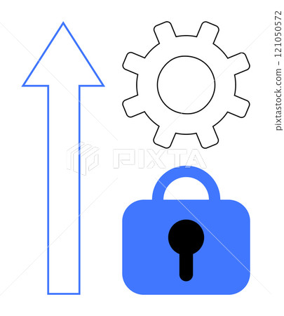Arrow pointing upwards, a gear, and a lock symbol. Ideal for themes progress, security, settings, development, innovation. Minimalistic design with a blue and white color scheme, suitable for 121050572